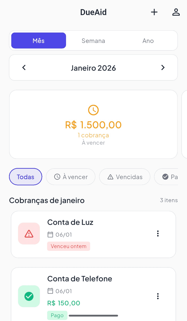 DueAid - Tela principal do app